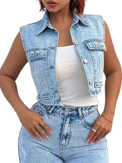 Roberta Cropped Denim Jacket with Button Closure in Blue - XS