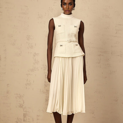 Roberta White Midi Dress Tulle Bow Embellished Crystal Tweed Tulle Pleated Skirt Belted Waist Patch Pockets Zip Fastening