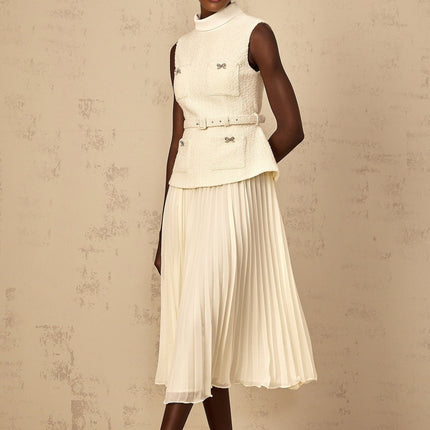 Roberta White Midi Dress Tulle Bow Embellished Crystal Tweed Tulle Pleated Skirt Belted Patch Pockets Zip Fastening