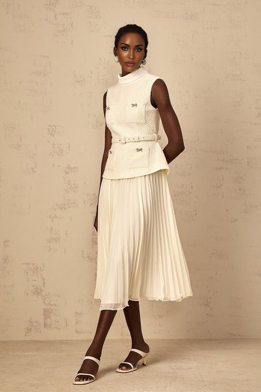 Roberta White Midi Dress Tulle Bow Embellished Crystal Tweed Tulle Pleated Skirt Belted Patch Pockets Zip Fastening