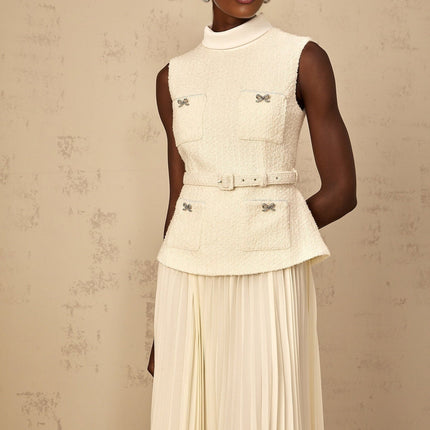 Roberta White Midi Dress Tulle Bow Embellished Crystal Detailing Tweed Tulle Panelling Pleated Skirt Belted Waist Front Patch Pockets Rear Zip Fastening