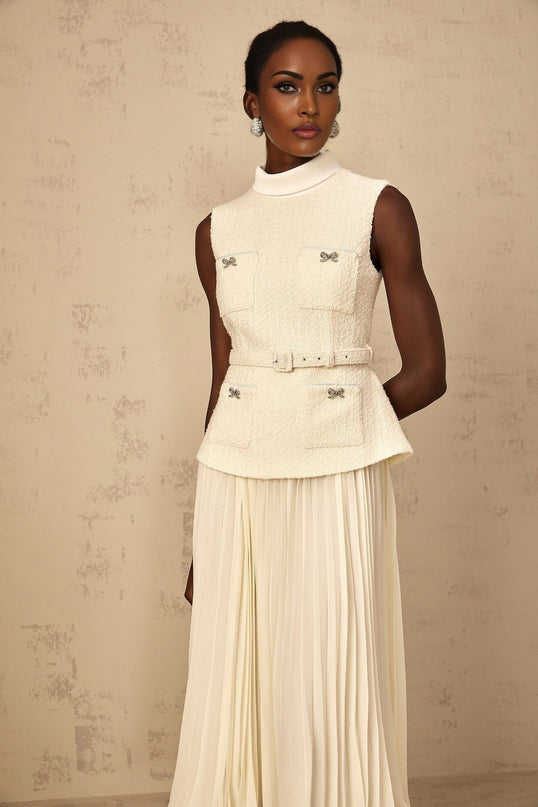 Roberta White Midi Dress Tulle Bow Embellished Crystal Detailing Tweed Tulle Panelling Pleated Skirt Belted Waist Front Patch Pockets Rear Zip Fastening