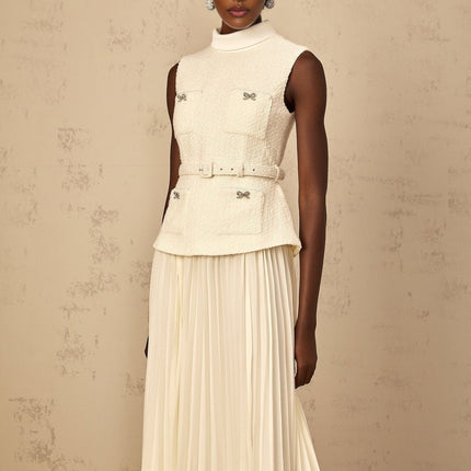 Roberta White Midi Dress Tulle Bow Embellished Crystal Belted Tweed Tulle Patch Pockets