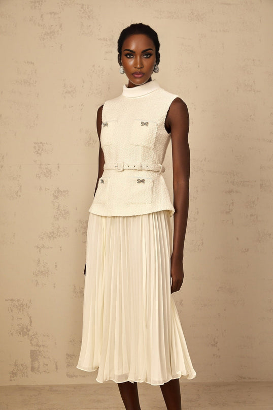 Roberta White Midi Dress Tulle Bow Embellished Crystal Belted Tweed Tulle Patch Pockets