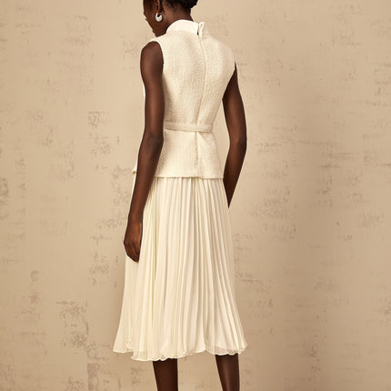 Roberta White Midi Dress Tulle Bow Embellished Crystal Tweed Tulle Panelling Pleated Skirt Belted Waist Patch Pockets Rear Zip Fastening