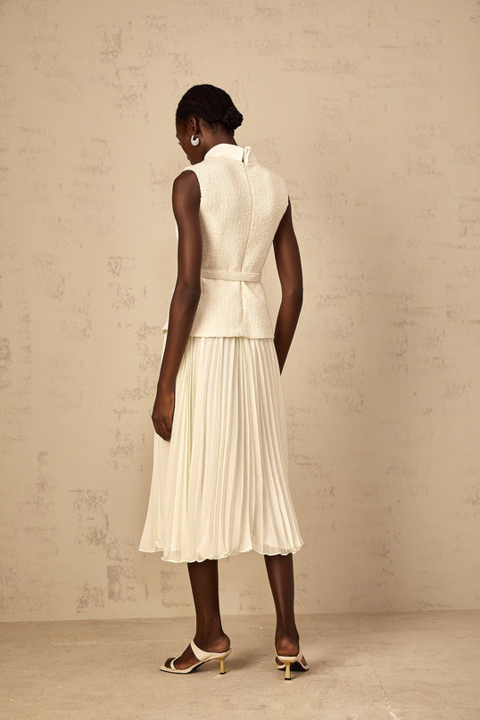 Roberta White Midi Dress Tulle Bow Embellished Crystal Tweed Tulle Panelling Pleated Skirt Belted Waist Patch Pockets Rear Zip Fastening