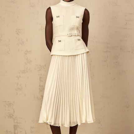 Roberta White Midi Dress Tulle Bow Embellished Crystal Tweed Tulle Pleated Skirt Patch Pockets Belted Waist Rear Zip Fastening
