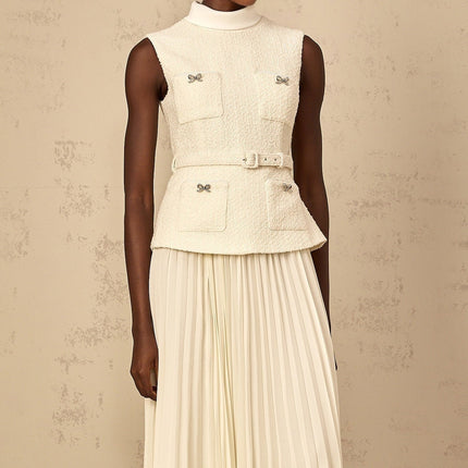 Roberta White Midi Dress Tulle Bow Embellished Crystal Detailing Tweed Tulle Panelling Pleated Skirt Belted Waist Patch Pockets Zip Fastening