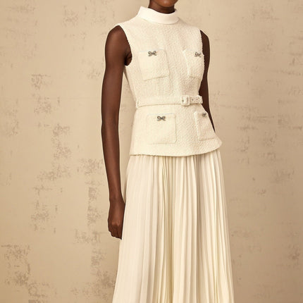 Roberta White Midi Dress Tulle Bow Embellished Crystal Detailing Tweed Tulle Pleated Skirt Belted Waist Patch Pockets Rear Zip Fastening