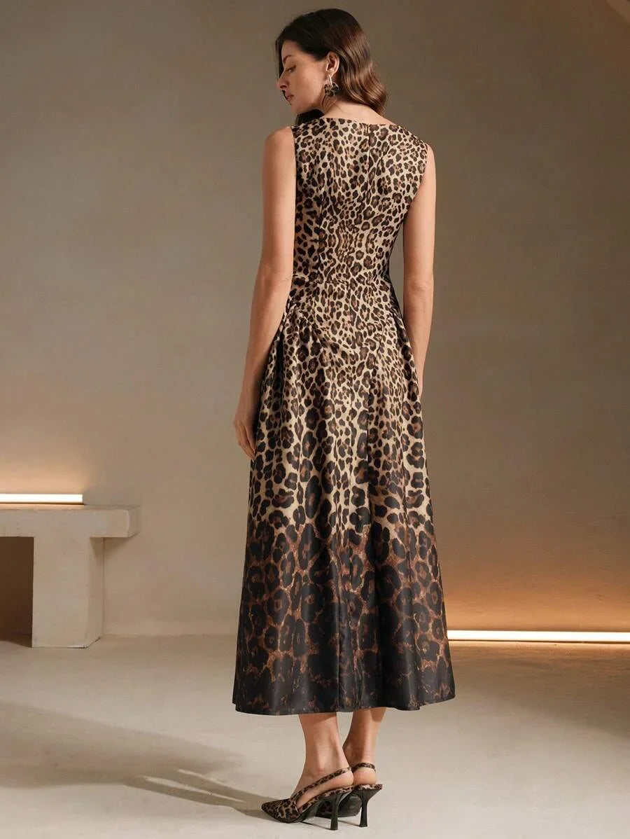 Roman Holiday European amp American Style Sleeveless Pleated VNeck Waisted Ombre Leopard Print