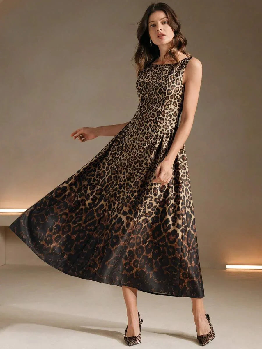 Roman Holiday European amp American Style Sleeveless Pleated VNeck Waisted Ombre Leopard Print