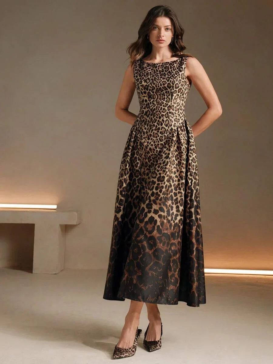 Roman Holiday European amp American Style Sleeveless Pleated VNeck Waisted Ombre Leopard Print