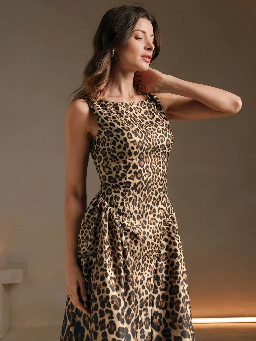 Roman Holiday European amp American Style Sleeveless Pleated VNeck Waisted Ombre Leopard Print