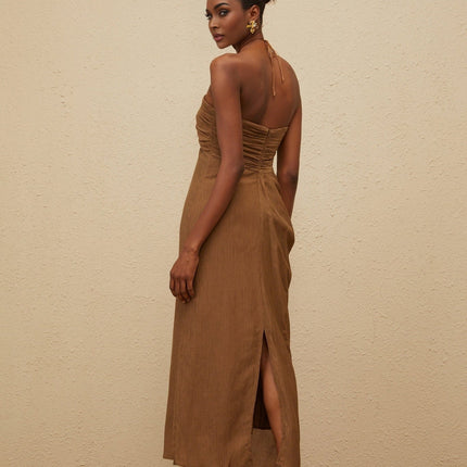 Rory Brown Maxi Dress Halter Neck Beaded Straps Ruched Detailing Draped Accents Rear Slit