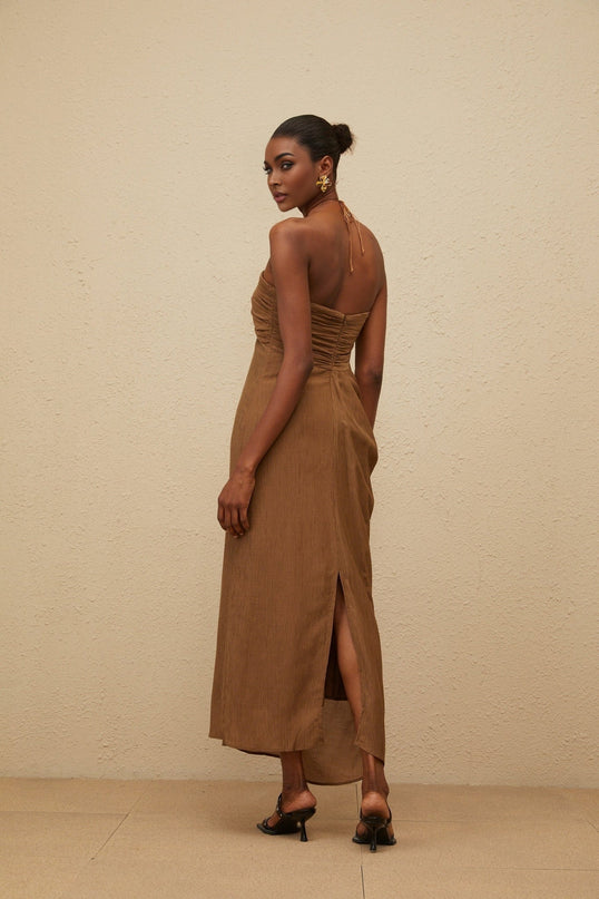 Rory Brown Maxi Dress Halter Neck Beaded Straps Ruched Detailing Draped Accents Rear Slit