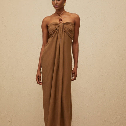 Rory Brown Maxi Dress Halter Neck Open Back Beaded Straps Ruched Detailing Draped Accents Rear Slit