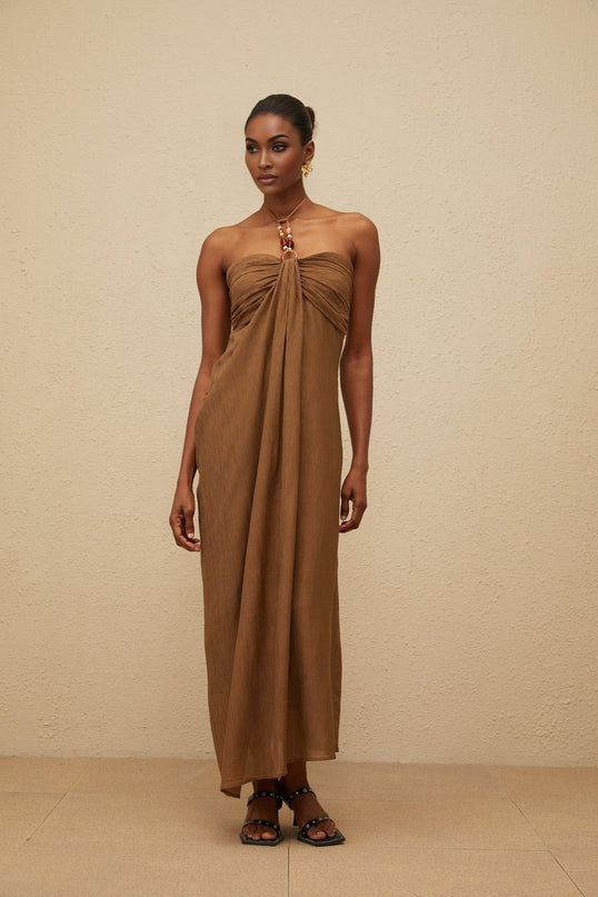 Rory Brown Maxi Dress Halter Neck Open Back Beaded Straps Ruched Detailing Draped Accents Rear Slit
