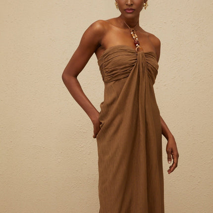Rory Brown Maxi Dress Halter Neck Beaded Straps Open Back Ruched Detailing Draped Accents Rear Slit