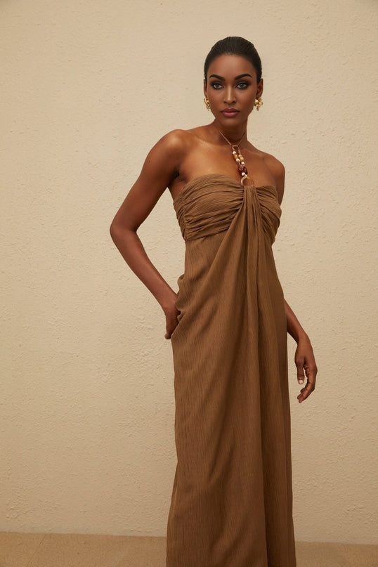 Rory Brown Maxi Dress Halter Neck Beaded Straps Open Back Ruched Detailing Draped Accents Rear Slit