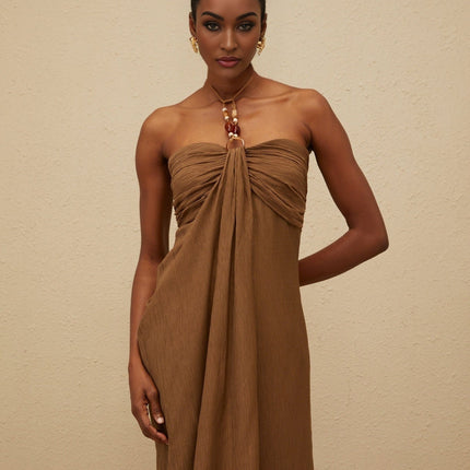 Rory Brown Maxi Dress Halter Neck Beaded Straps Open Back Ruched Detailing Draped Accents Rear Slit Lyocell Terylene Fiber Luxury Style