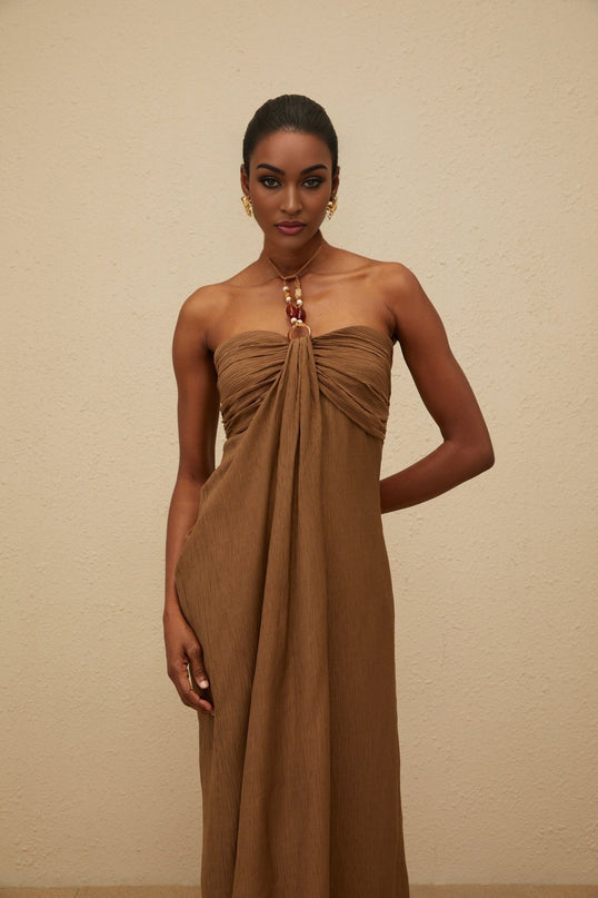 Rory Brown Maxi Dress Halter Neck Beaded Straps Open Back Ruched Detailing Draped Accents Rear Slit Lyocell Terylene Fiber Luxury Style