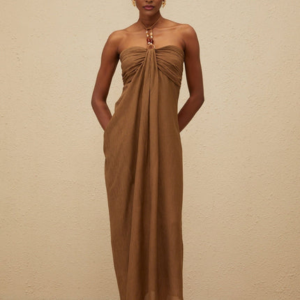 Rory Brown Maxi Dress Halter Neck Beaded Straps Open Back Ruched Detailing Draped Accents Rear Slit Lyocell Terylene Fiber Luxury Style