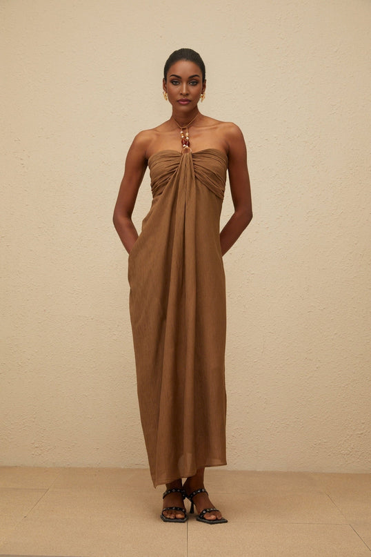 Rory Brown Maxi Dress Halter Neck Beaded Straps Open Back Ruched Detailing Draped Accents Rear Slit Lyocell Terylene Fiber Luxury Style