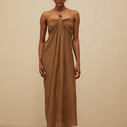 Rory Brown Maxi Dress Halter Neck Beaded Straps Ruched Detailing Draped Accents Rear Slit