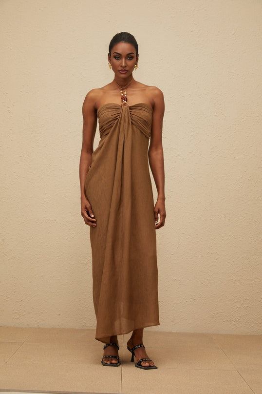 Rory Brown Maxi Dress Halter Neck Beaded Straps Ruched Detailing Draped Accents Rear Slit