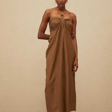 Rory Brown Maxi Dress Halter Neck Beaded Straps Open Back Ruched Detailing Draped Accents Rear Slit Lyocell Terylene Fiber Luxury Style Elegant Sophisticated Opulence Gown