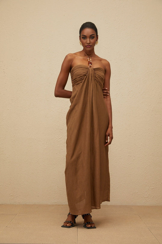 Rory Brown Maxi Dress Halter Neck Beaded Straps Open Back Ruched Detailing Draped Accents Rear Slit Lyocell Terylene Fiber Luxury Style Elegant Sophisticated Opulence Gown