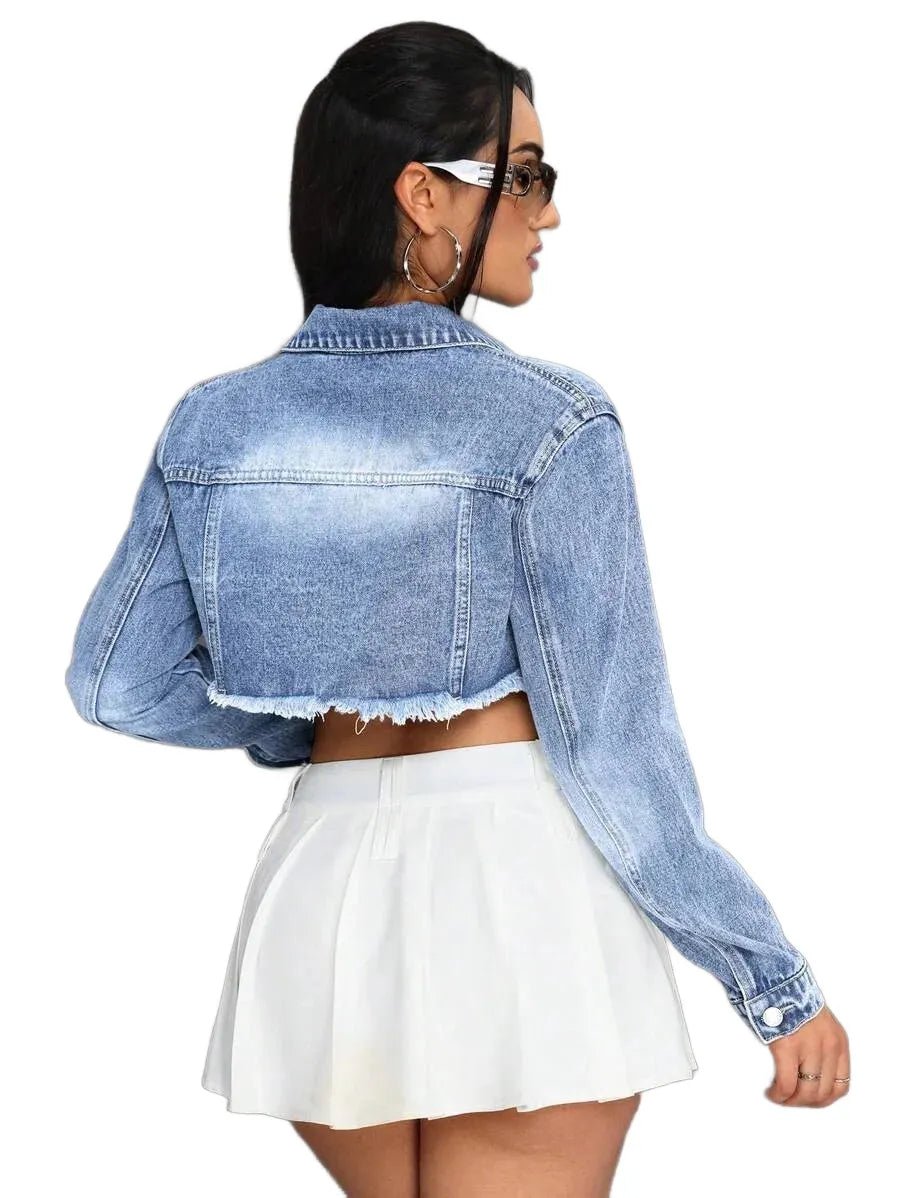 Rory Cropped Denim Jacket with Distressed Hem in Blue - Blue