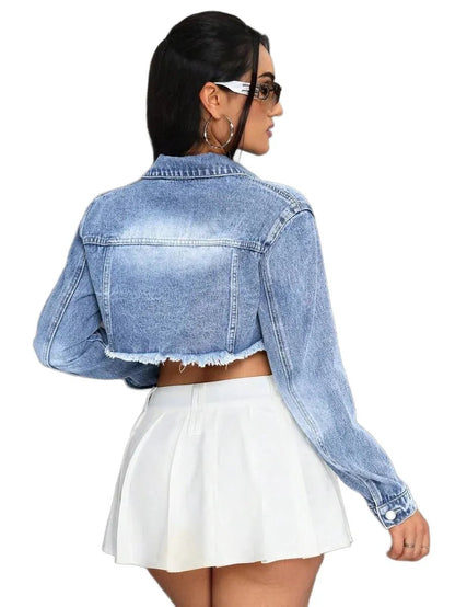 Rory Cropped Denim Jacket with Distressed Hem in Blue - Blue