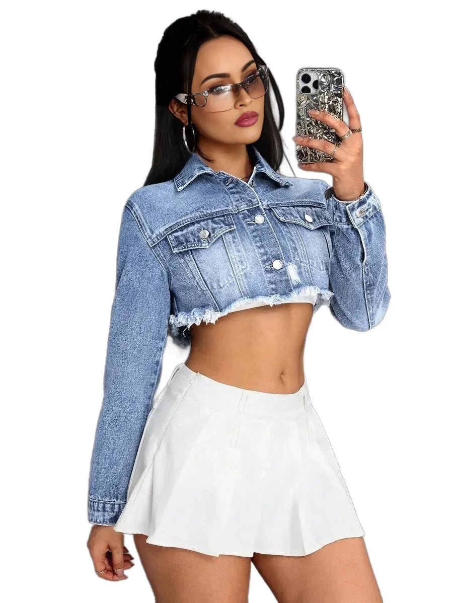 Rory Cropped Denim Jacket with Distressed Hem in Blue - Blue