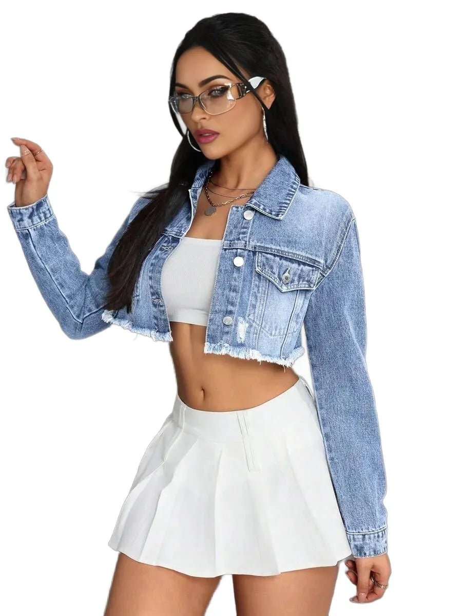 Rory Cropped Denim Jacket with Distressed Hem in Blue - Blue