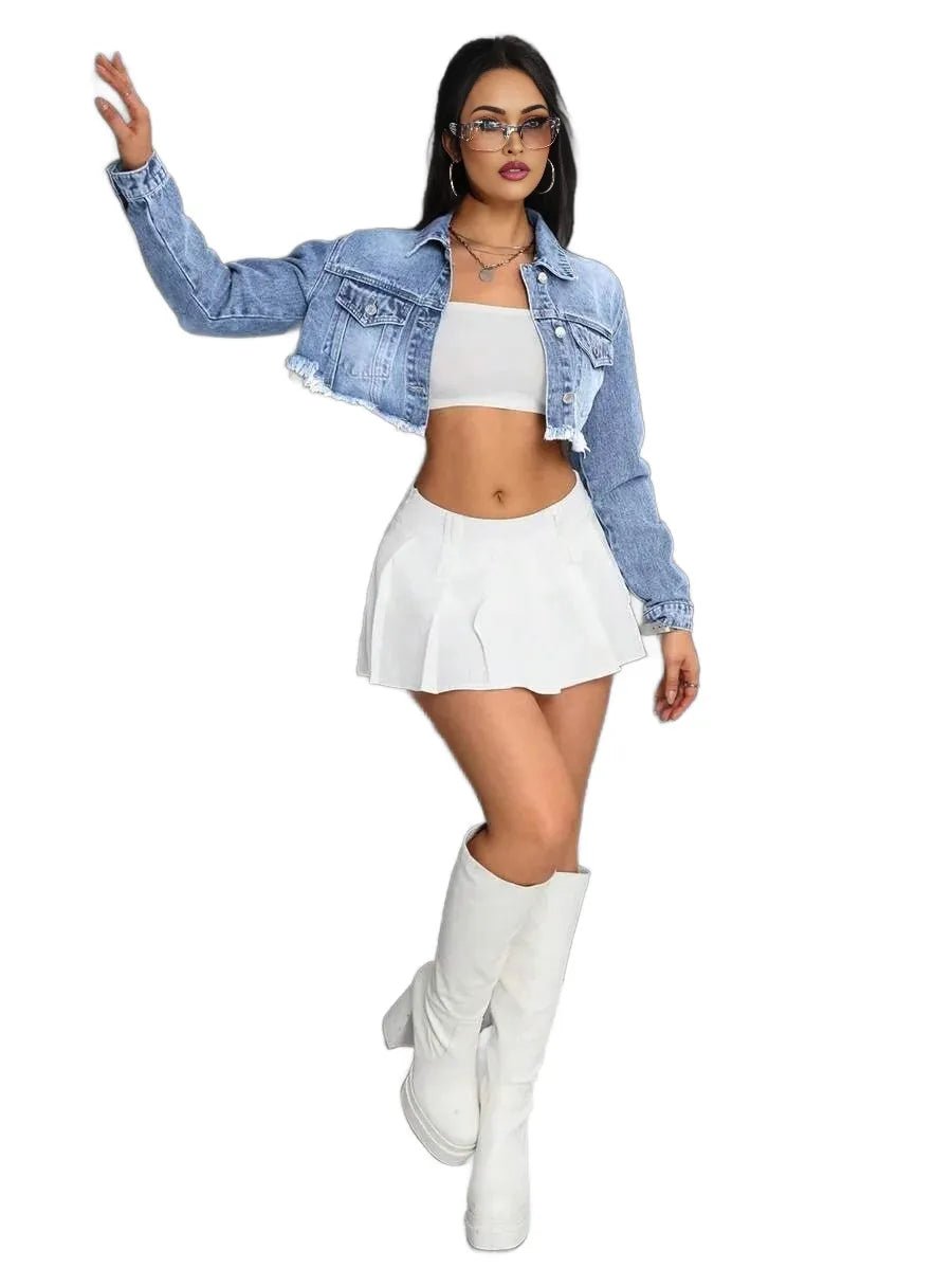 Rory Cropped Denim Jacket with Distressed Hem in Blue - Blue
