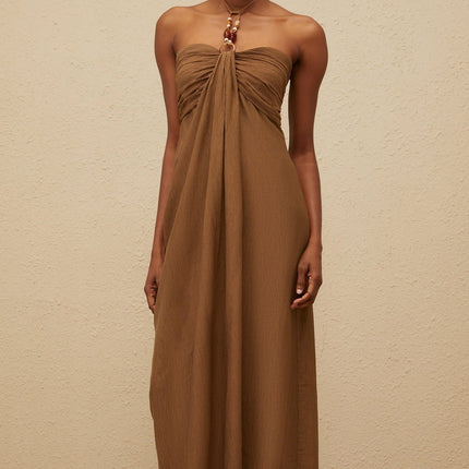 Rory Maxi Dress Brown Halter Neck Beaded Straps Ruched Detailing Draped Accents Rear Slit