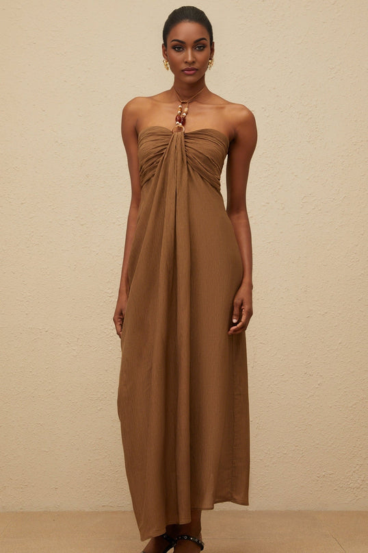 Rory Maxi Dress Brown Halter Neck Beaded Straps Ruched Detailing Draped Accents Rear Slit