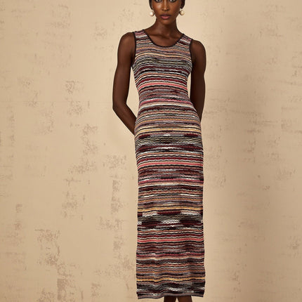 Rory Purple Crochet Knit Midi Dress Multicolor Stripes Sleeveless Round Neck Terylene Fiber