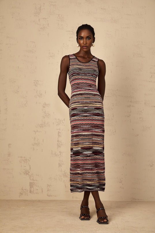 Rory Purple Crochet Knit Midi Dress Multicolor Stripes Sleeveless Round Neck Terylene Fiber