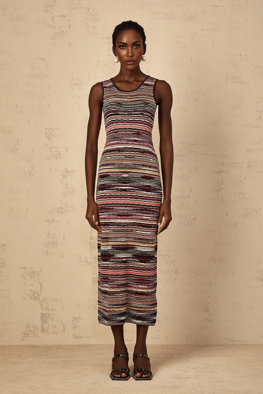Rory Purple Crochet Knit Midi Dress with Horizontal Stripes