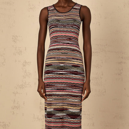 Rory Purple Crochet Knit Midi Dress in Multicolor Stripes