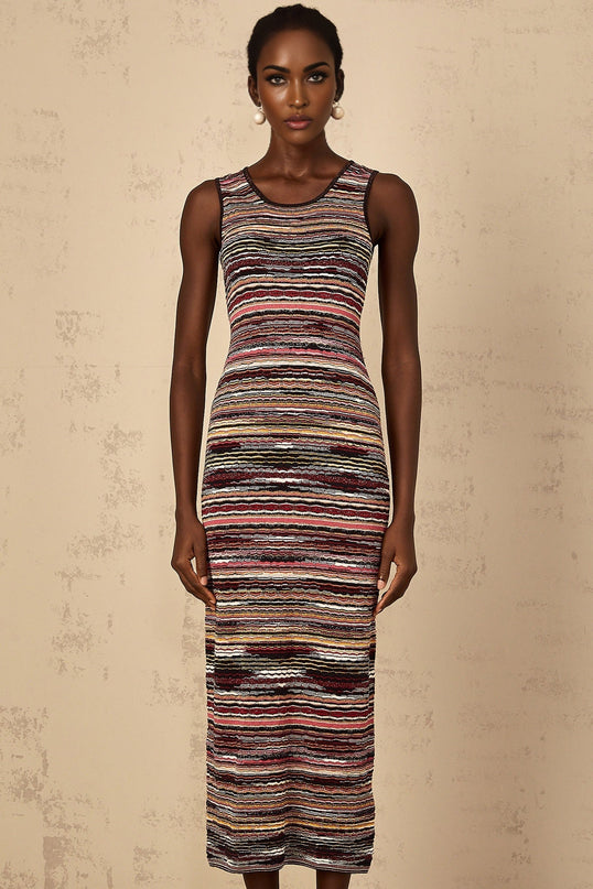 Rory Purple Crochet Knit Midi Dress in Multicolor Stripes