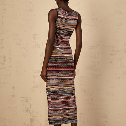 Rory Purple Crochet Knit Midi Dress Multicolor Stripes Sleeveless Round Neck Terylene Fiber