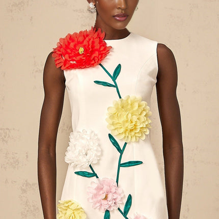 Rory White A-line Mini Dress with 3D Petal Detailing and Dart Detailing