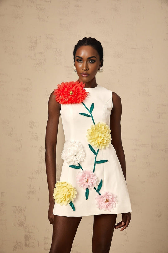 Rory White A-Line Mini Dress with 3D Petal Detailing and Dart Detailing