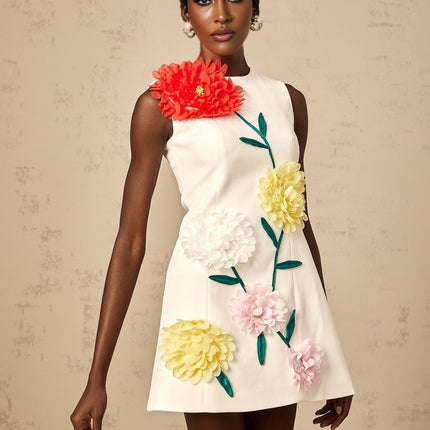 Rory White A-Line Mini Dress with 3D Petal Detailing and Dart Detailing