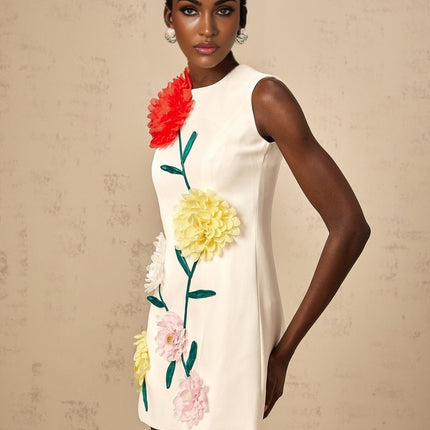Rory White A-Line Mini Dress with 3D Petal Detailing