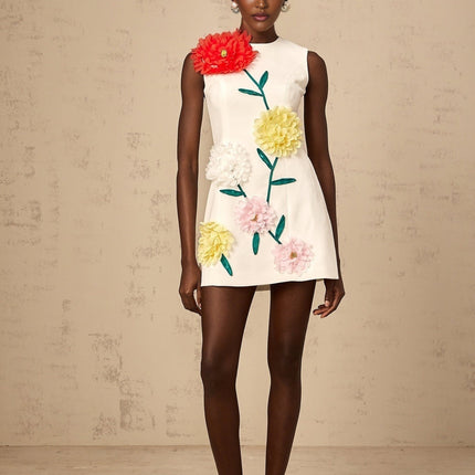 Rory White A-Line Mini Dress with 3D Petal Detailing and Rear Zip Fastening