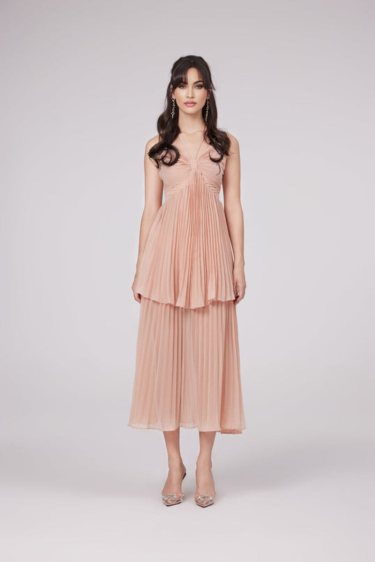 Rosa Pink Pleated Stufen Midikleid Olympe Dress